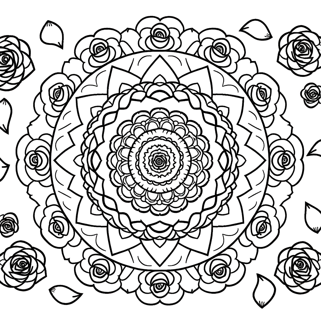 Rose petal mandala coloring page with symmetrical floral patterns and geometric design
