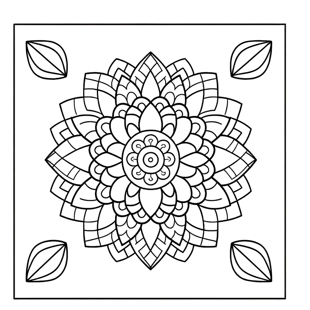 Rose petal mandala coloring page with circular floral pattern