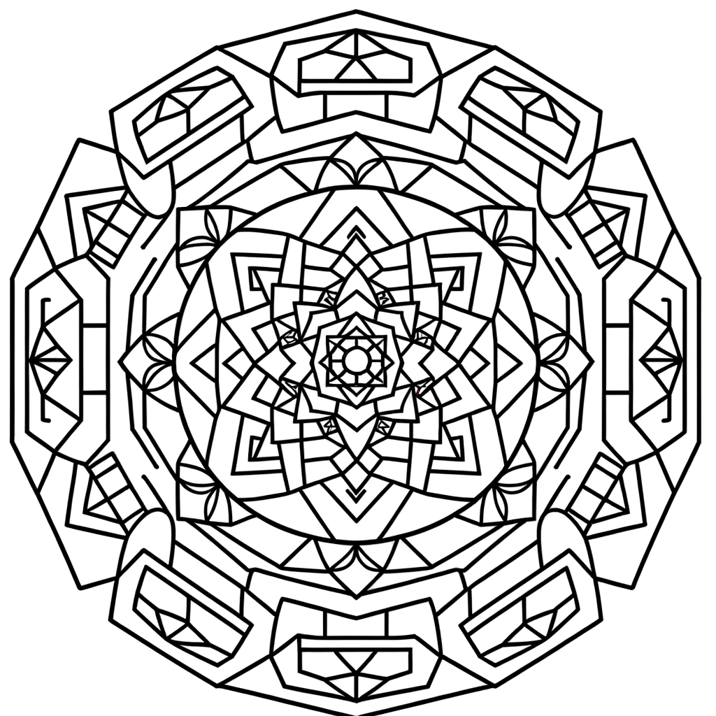 Sacred geometry mandala coloring page with intricate geometric symbols and patterns