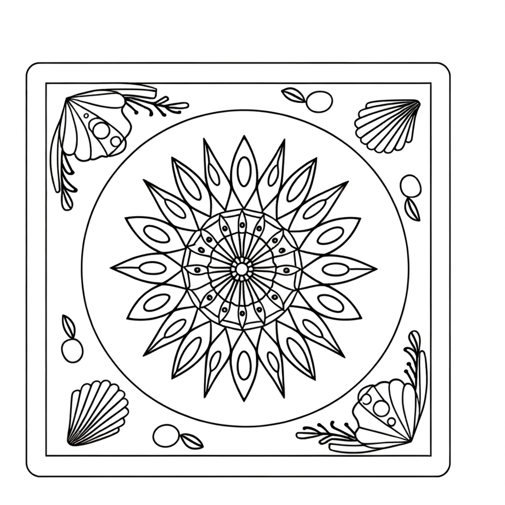 Detailed mandala coloring page with seashells and coral patterns arranged in circular symmetrical design