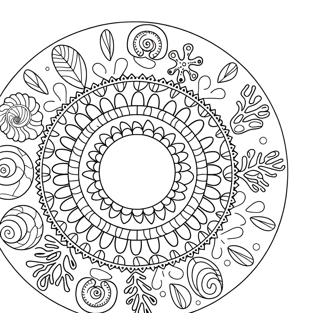 Mandala coloring page with seashell and coral motifs in circular pattern