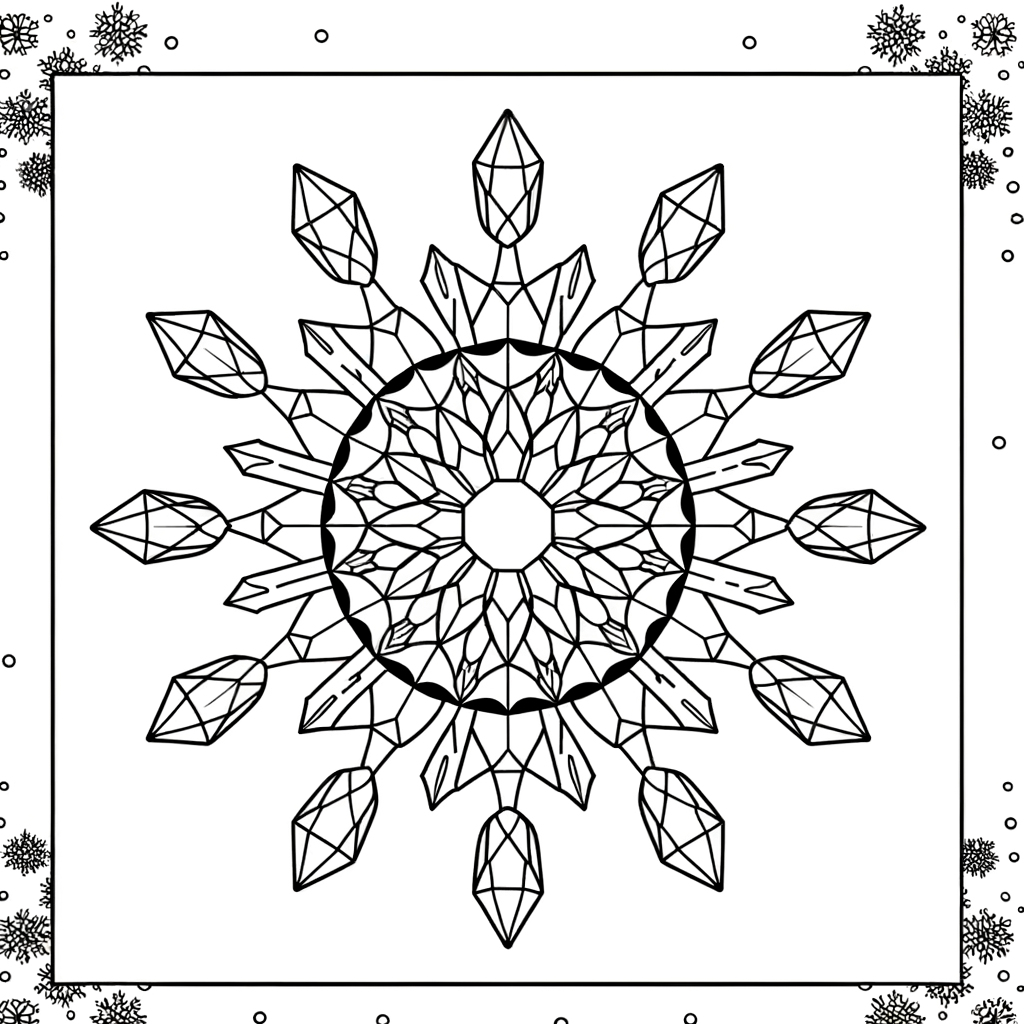 Detailed mandala coloring page with snowflake crystal patterns and geometric designs