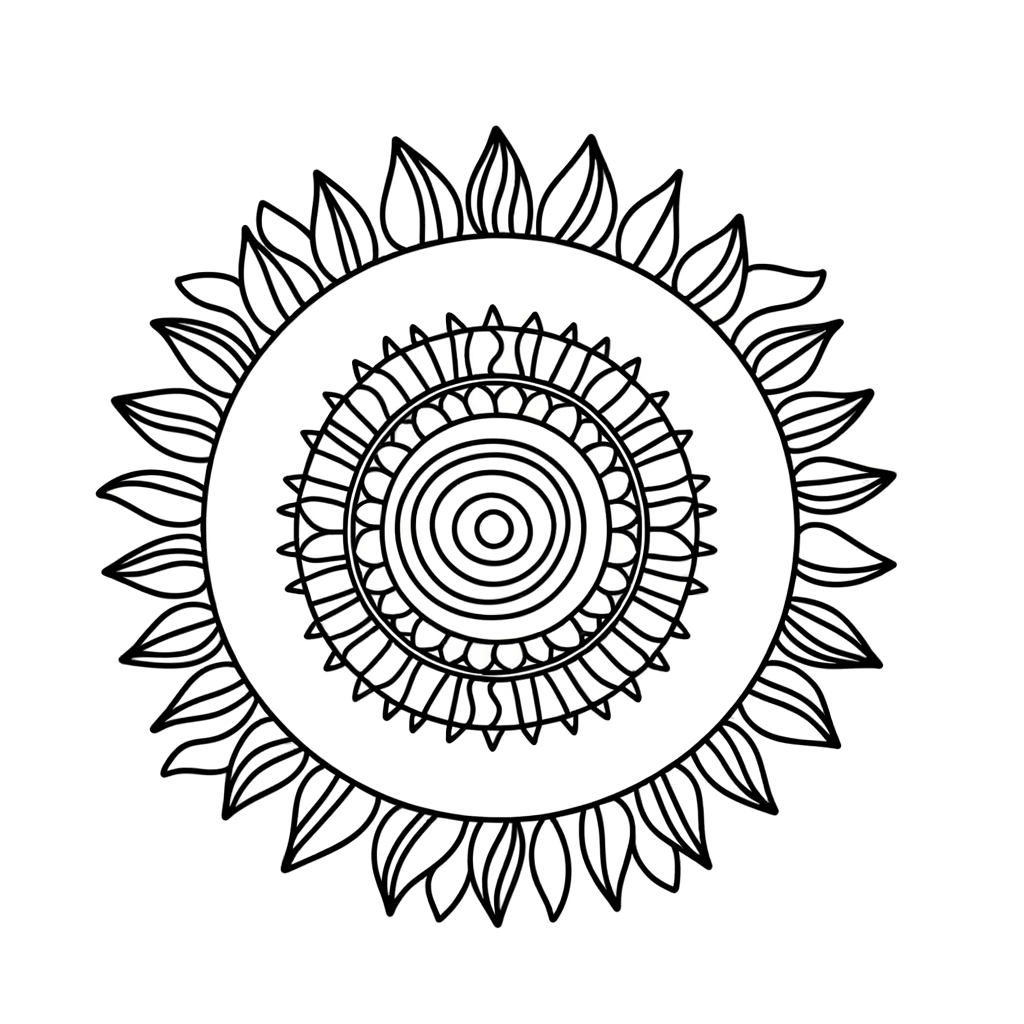 Sun ray mandala coloring page with radiating geometric patterns and symmetrical design