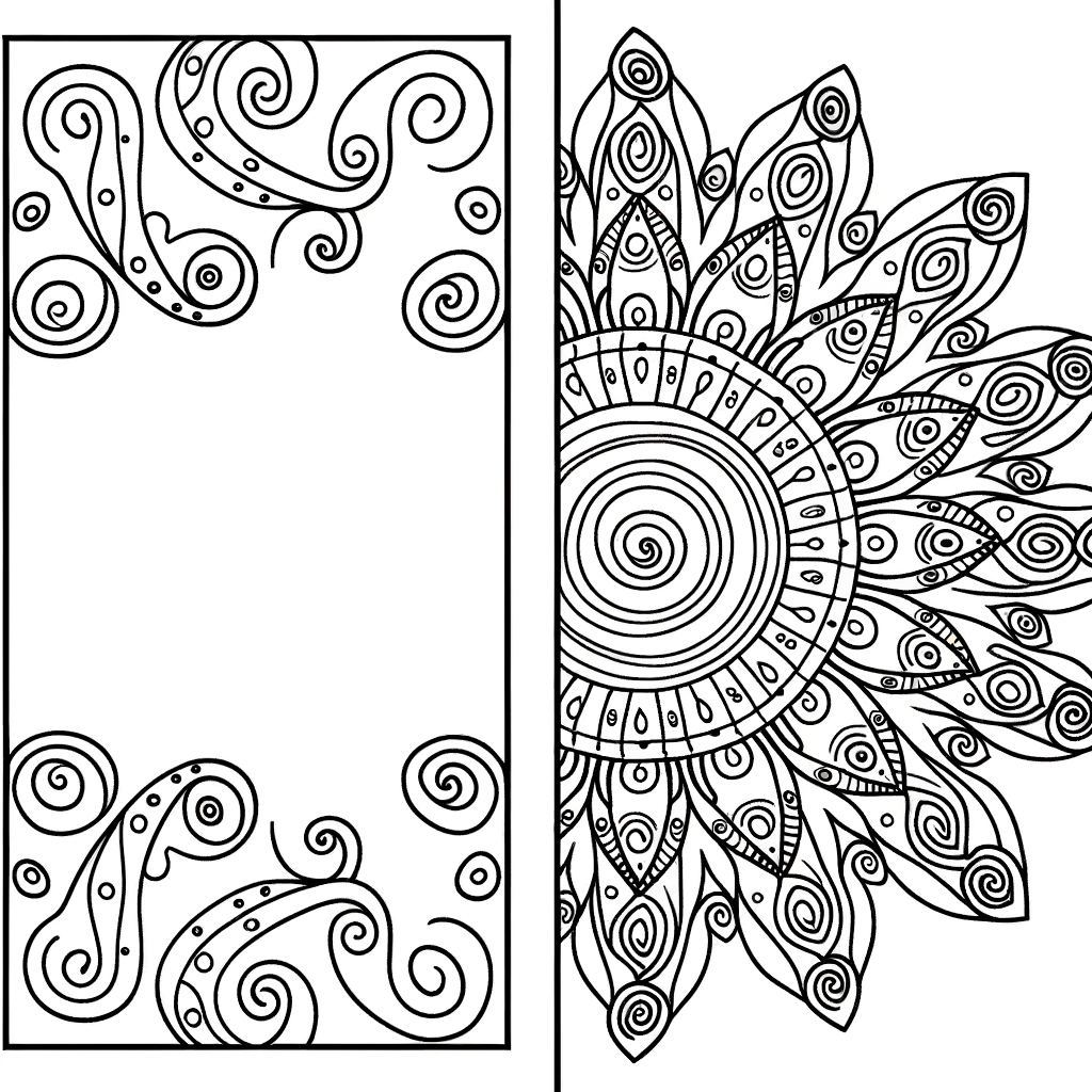 Mandala coloring page with swirling paisley patterns and intricate decorative elements