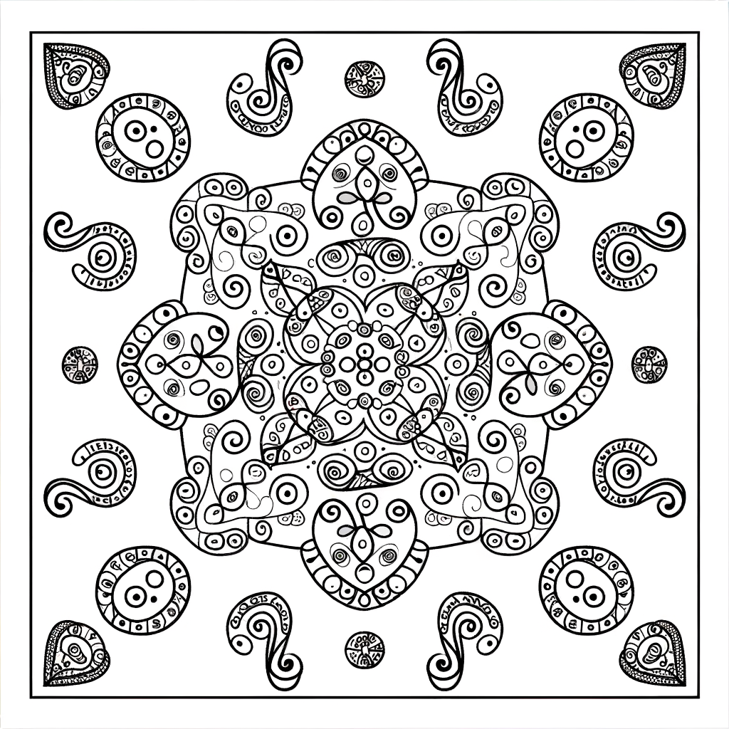 Intricate mandala coloring page with swirling paisley patterns and circular symmetrical design