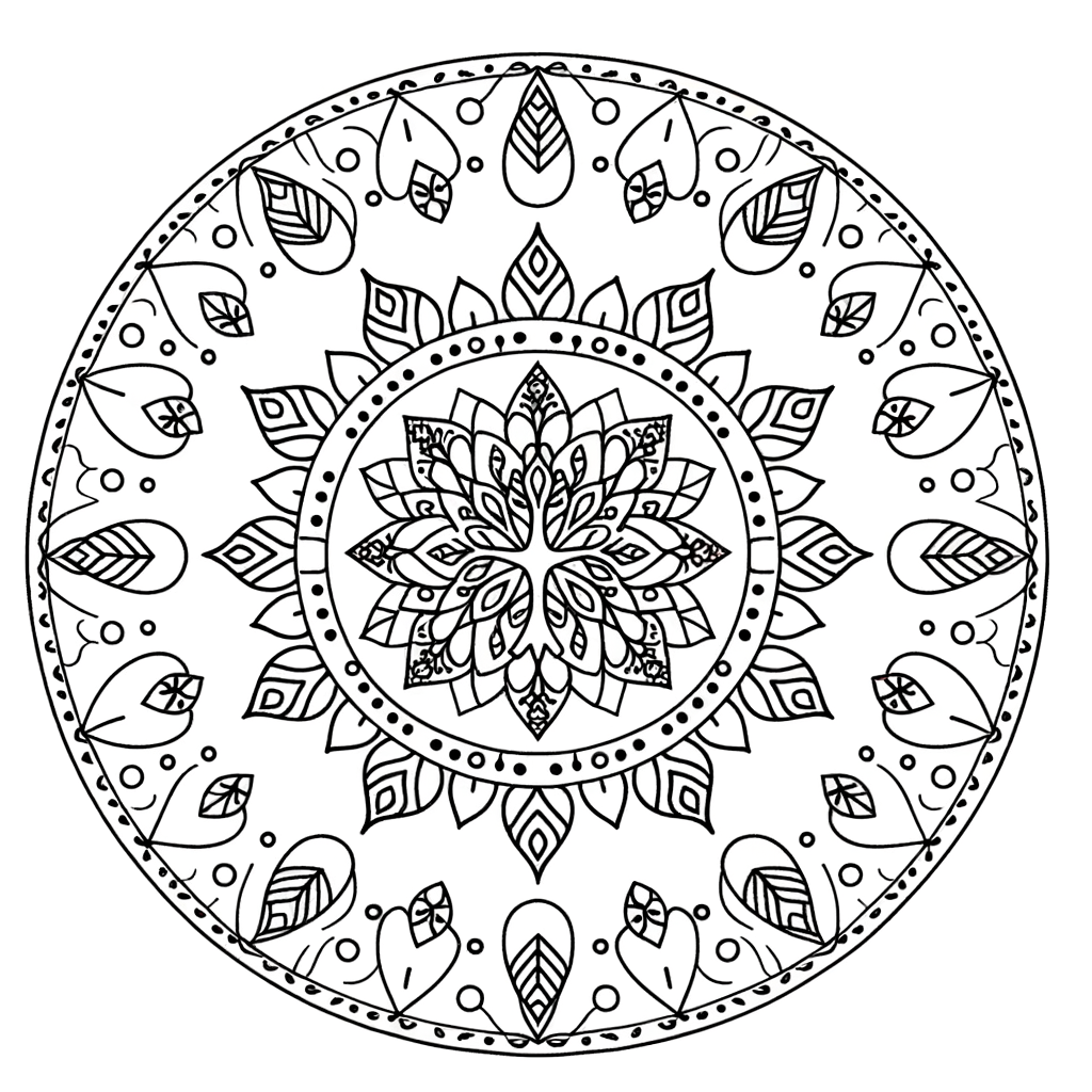 Tree of Life mandala coloring page with intricate patterns and geometric designs around a central tree symbol