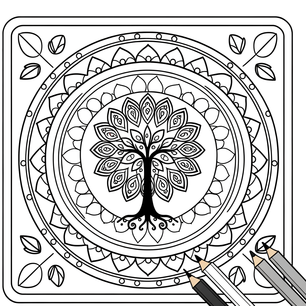 Tree of Life mandala coloring page with intricate geometric patterns and sacred tree symbol at center