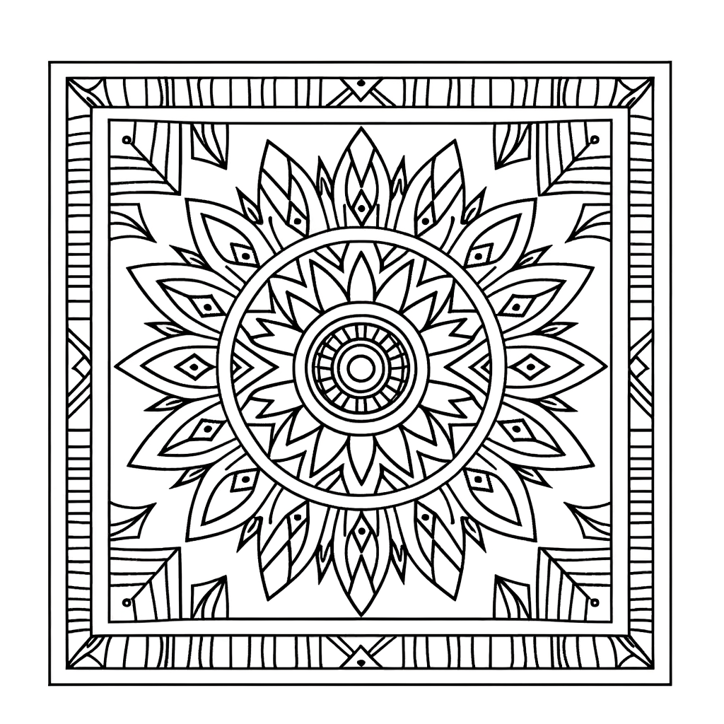 Tribal mandala coloring page with intricate geometric patterns and cultural motifs