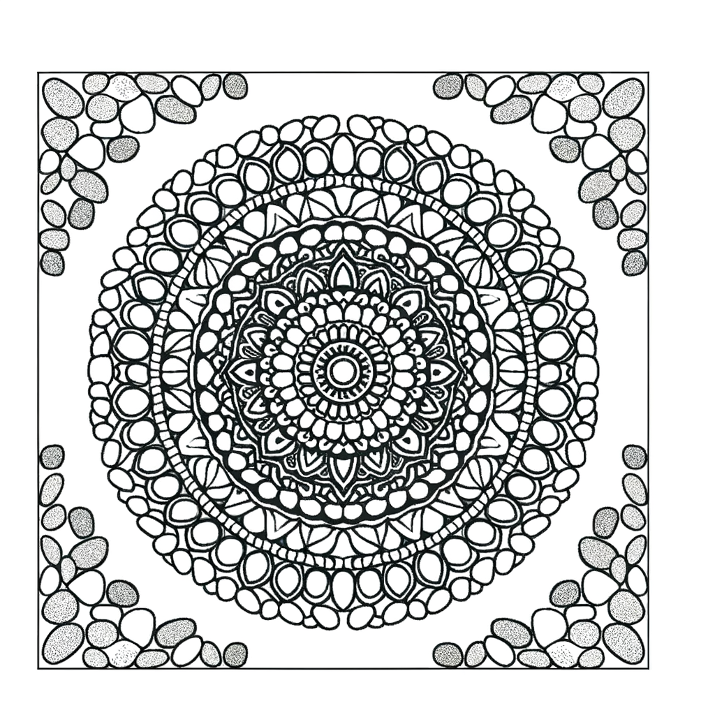 Zen garden stone pattern mandala coloring page with intricate geometric stone arrangements