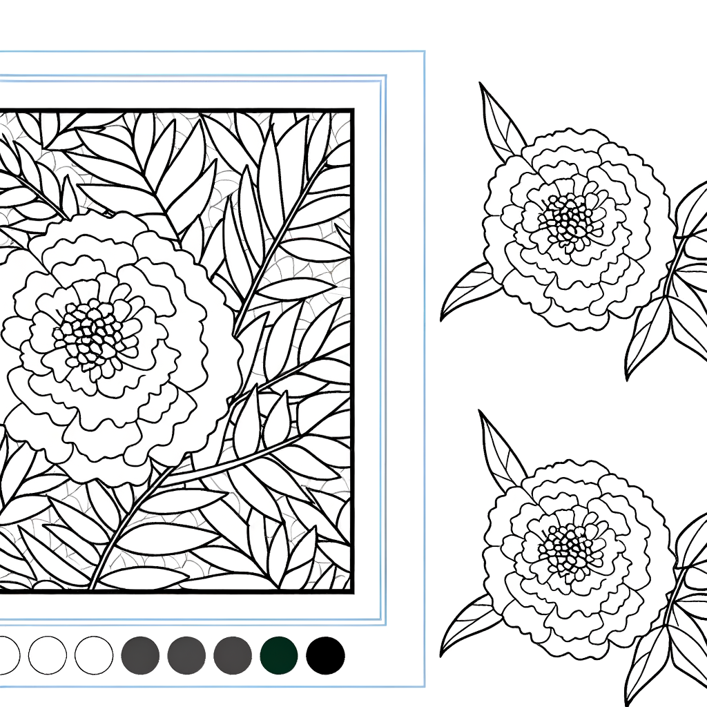 Marigold flower coloring page outline with detailed petals for orange and yellow coloring