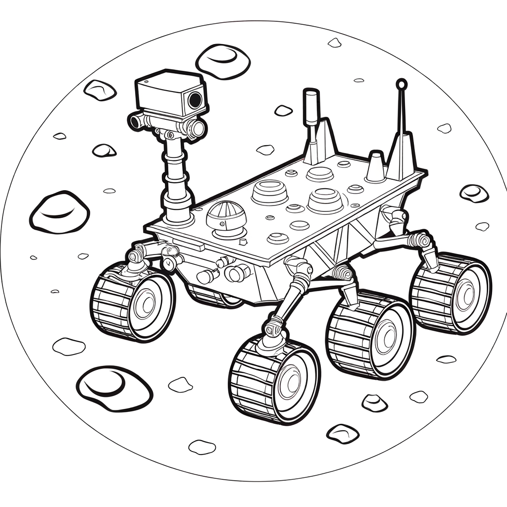 Mars rover coloring page showing space vehicle exploring red planet surface