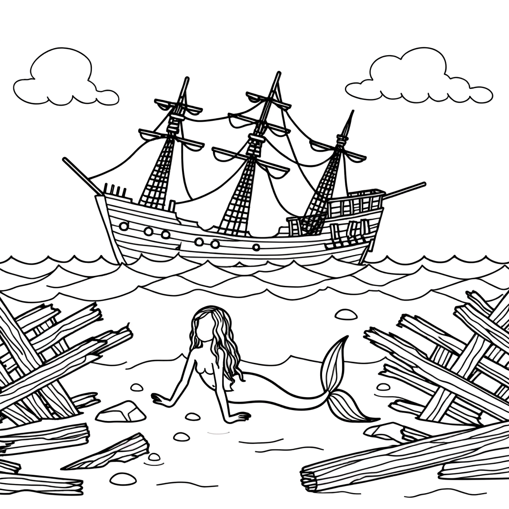 Coloring page showing a mermaid swimming around a sunken ship wreckage with treasure chests and sea plants