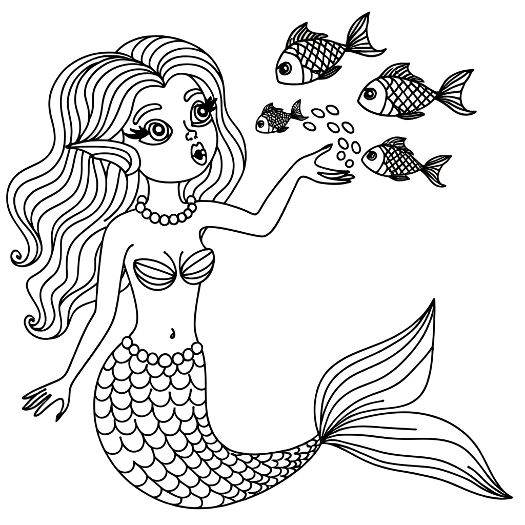 Coloring page of a mermaid with long flowing hair feeding fish from her hand in an underwater scene