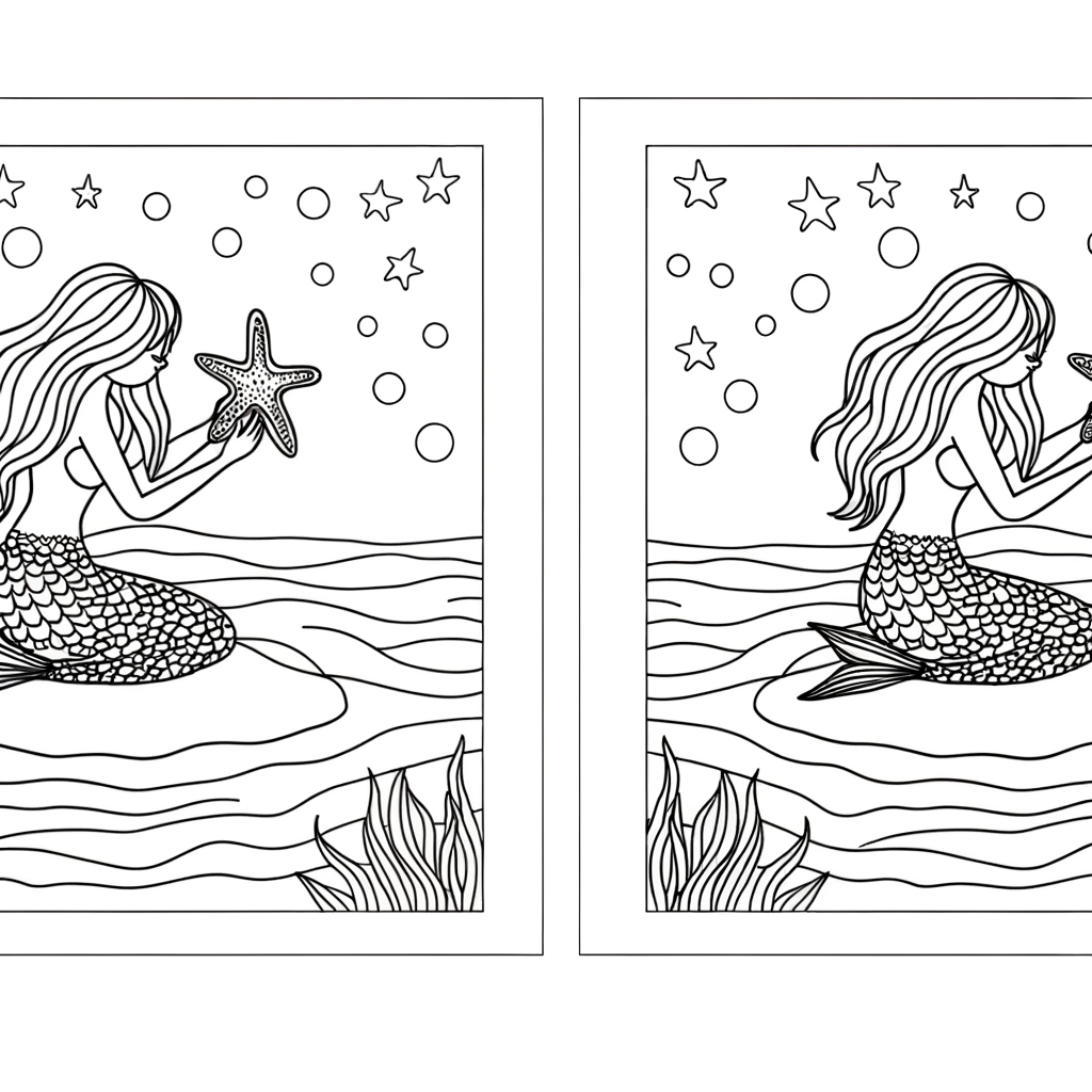 Coloring page of a mermaid making a wish on a starfish underwater