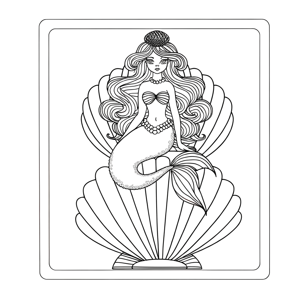 Coloring page illustration of a mermaid sitting in a large ornate clamshell throne underwater