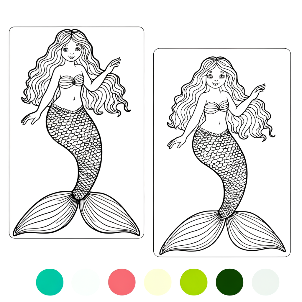 Coloring page of a mermaid with an elegant flowing dress-like fin