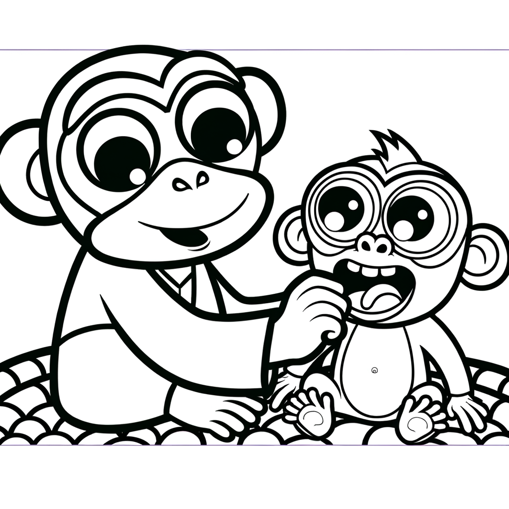Coloring page illustration of one monkey grooming another monkey showing social bonding behavior