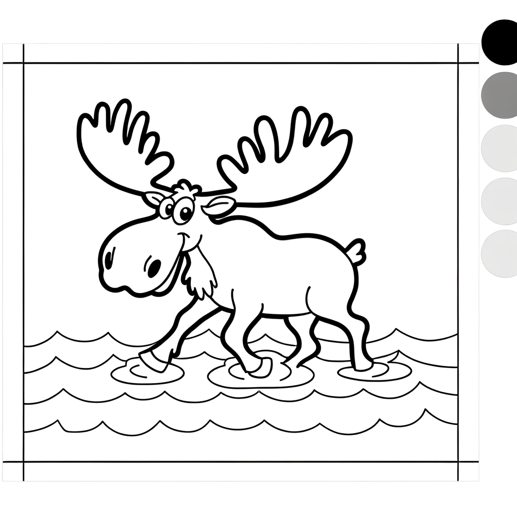 Coloring page of a moose with large antlers walking through water
