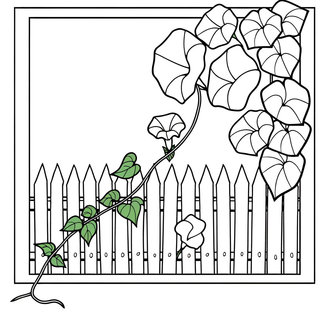 Morning glory vine with trumpet flowers climbing wooden fence coloring page