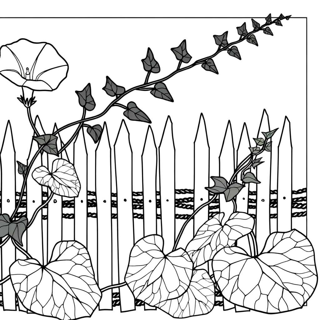 Morning glory vine with trumpet-shaped flowers climbing up a wooden fence coloring page