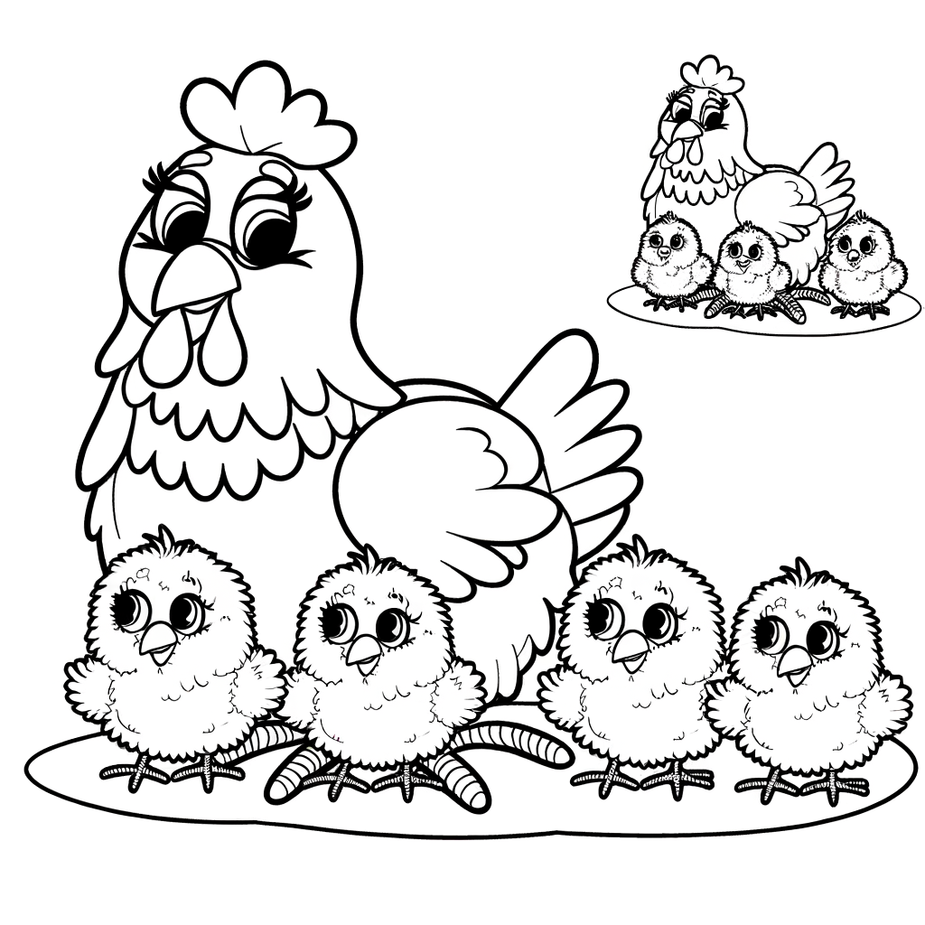 Coloring page of mother hen with fluffy baby chicks