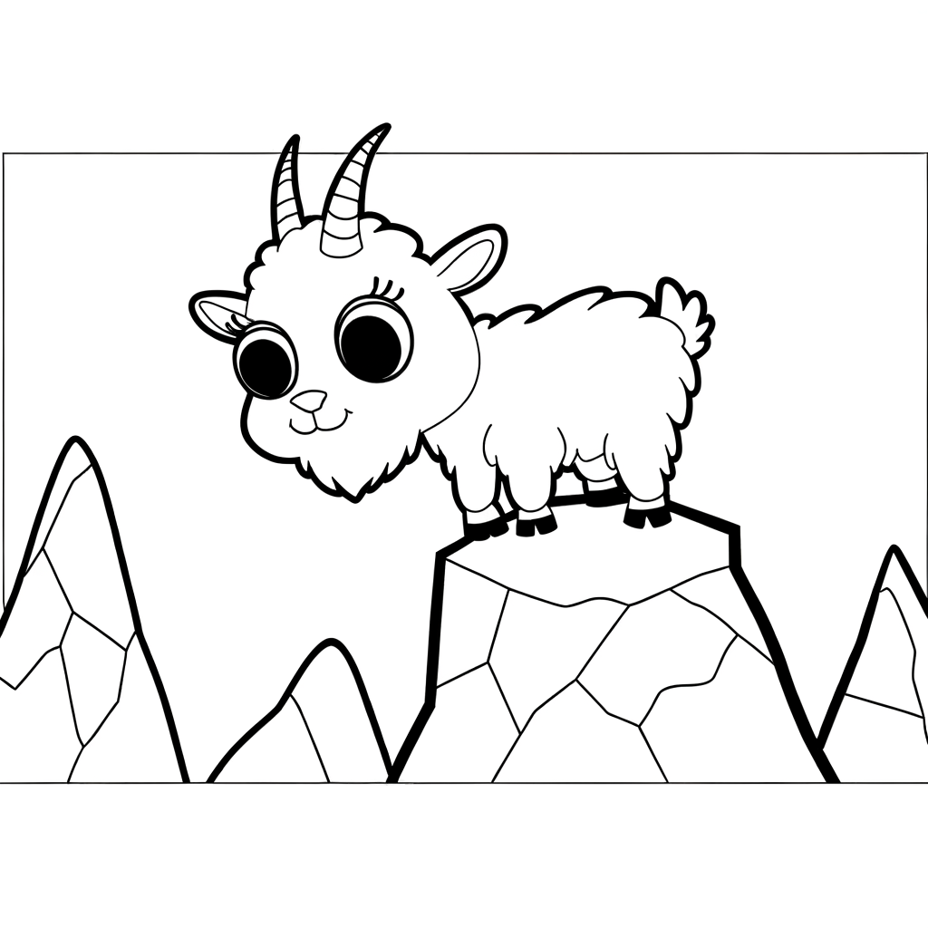 Coloring page of a mountain goat standing on a rocky cliff edge