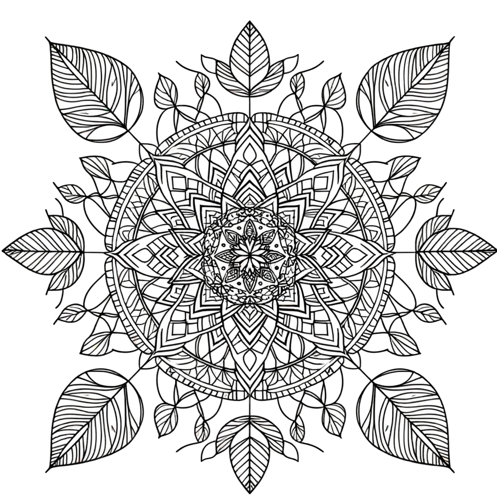 Nature mandala with leaves and vines coloring page