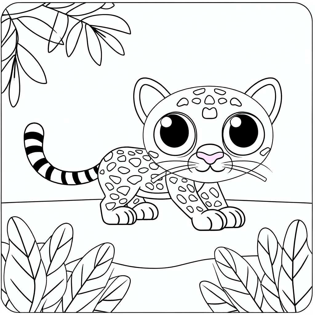 Coloring page of an ocelot wild cat in jungle setting with tropical plants and leaves