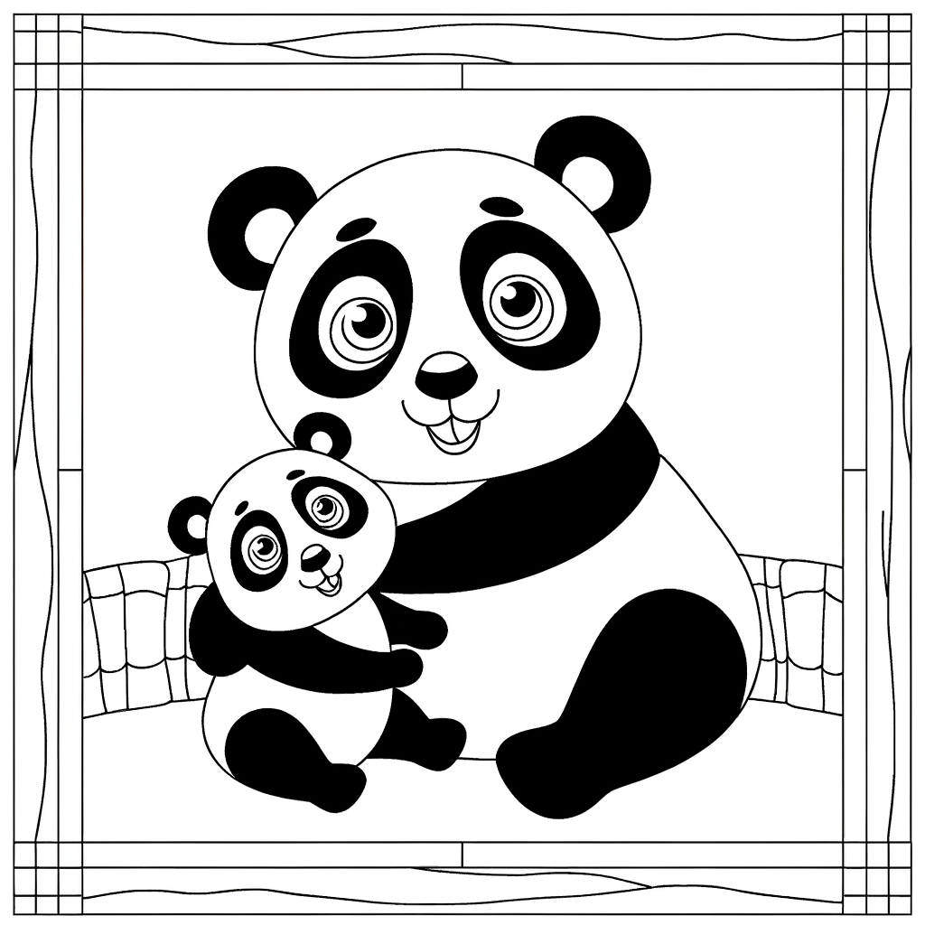 Coloring page showing a panda mother lovingly cuddling her small baby panda in black and white line art