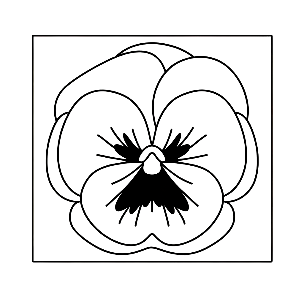 Coloring page of a pansy flower with face-like markings and detailed petals