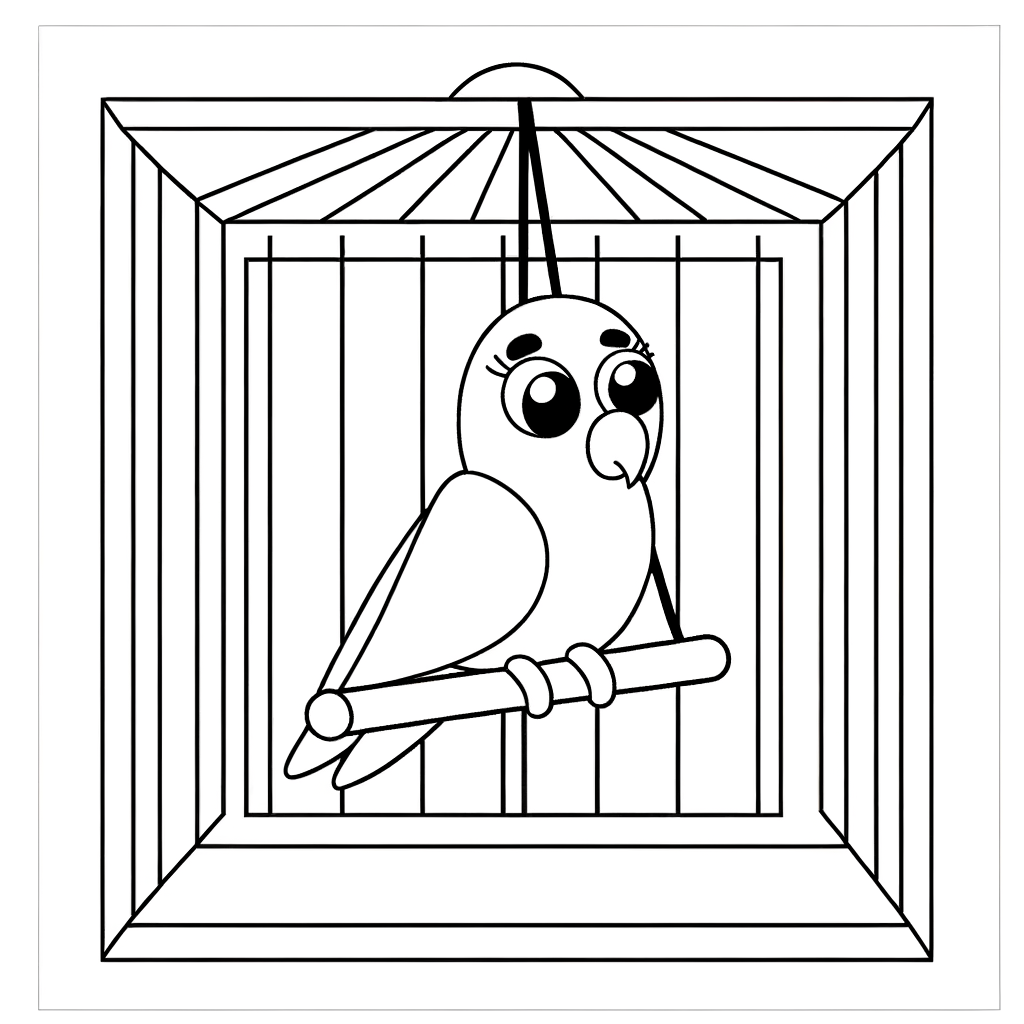 Coloring page of a parakeet bird sitting on a swing inside a birdcage
