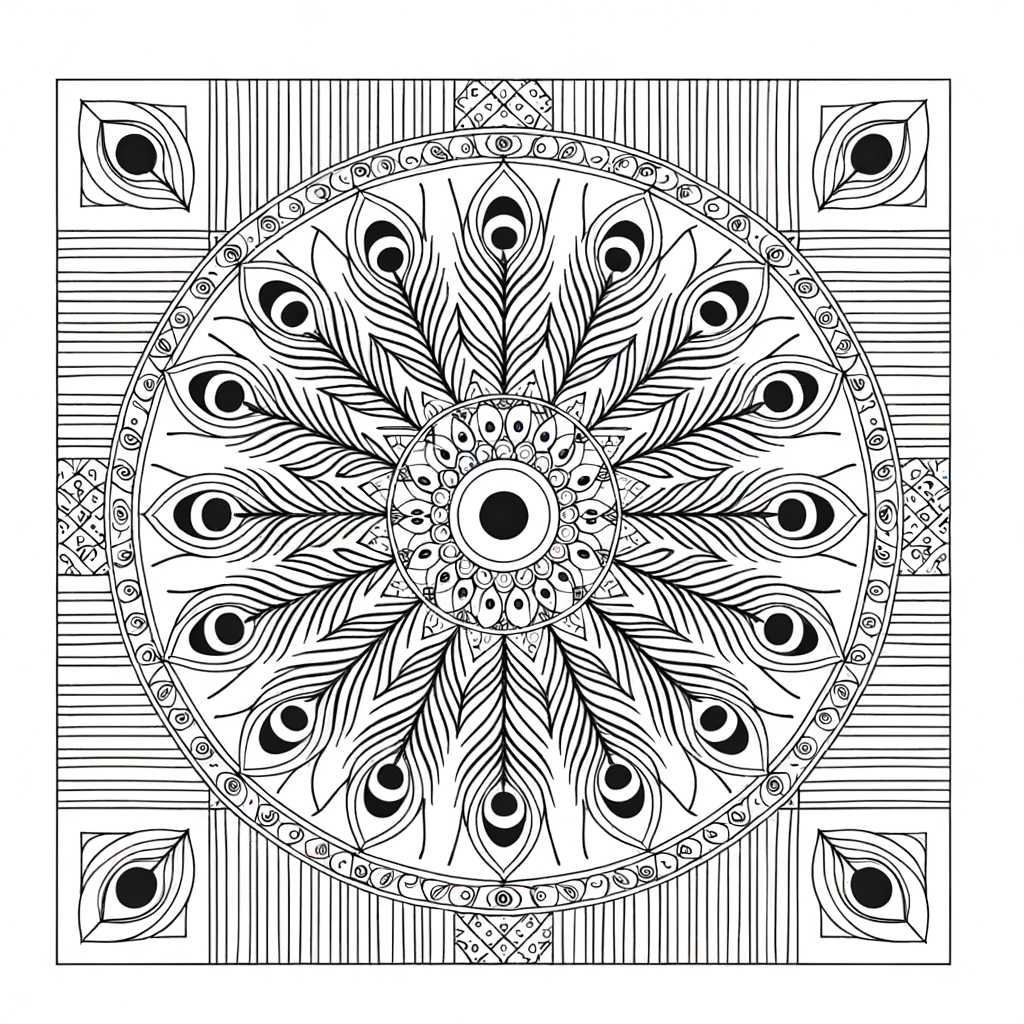 a peacock feather mandala with eye patterns coloring page