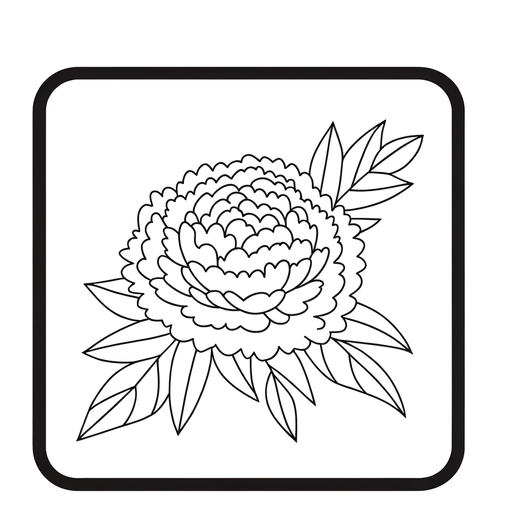 Detailed line drawing of a peony flower with multiple layers of fluffy ruffled petals for coloring