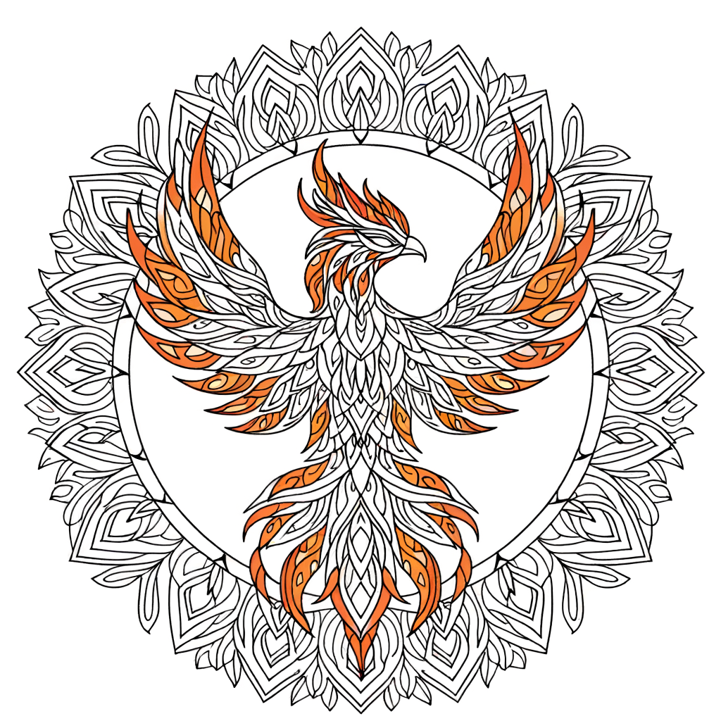 A detailed phoenix mandala with fiery feathers for coloring