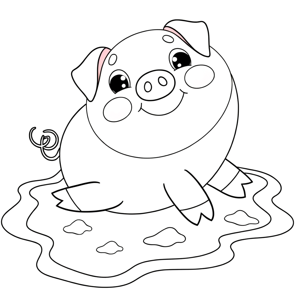 Coloring page of a smiling pink pig rolling happily in a mud puddle