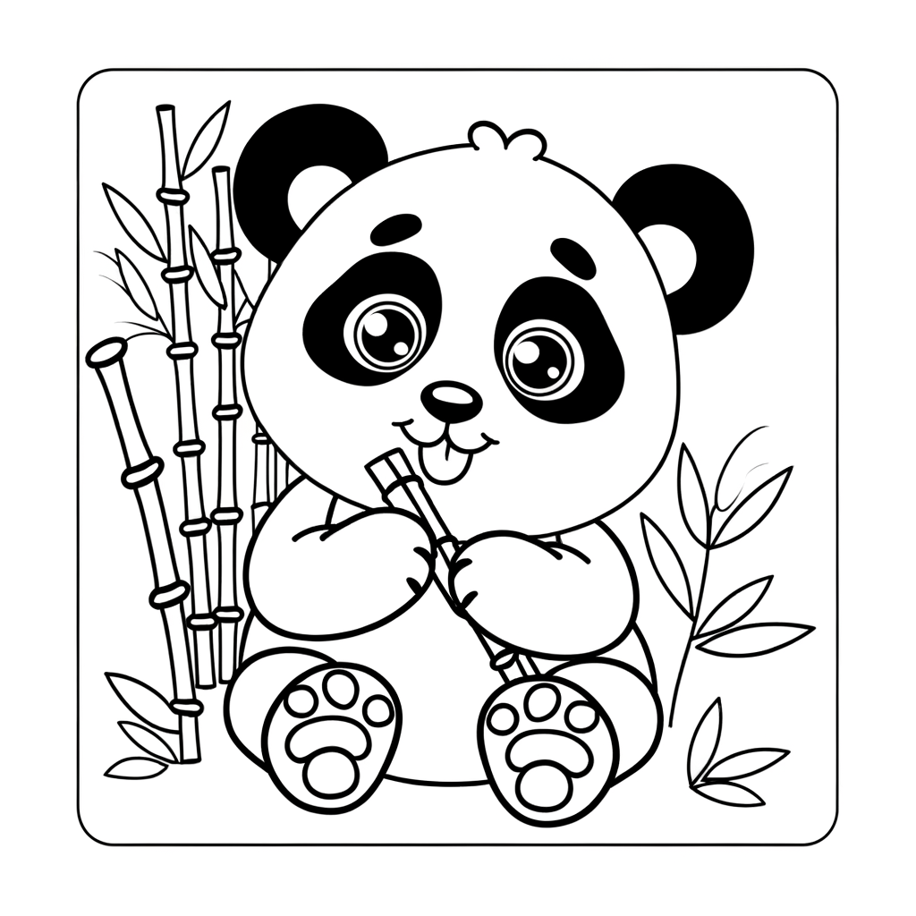 Coloring page of a cute baby panda sitting and eating bamboo
