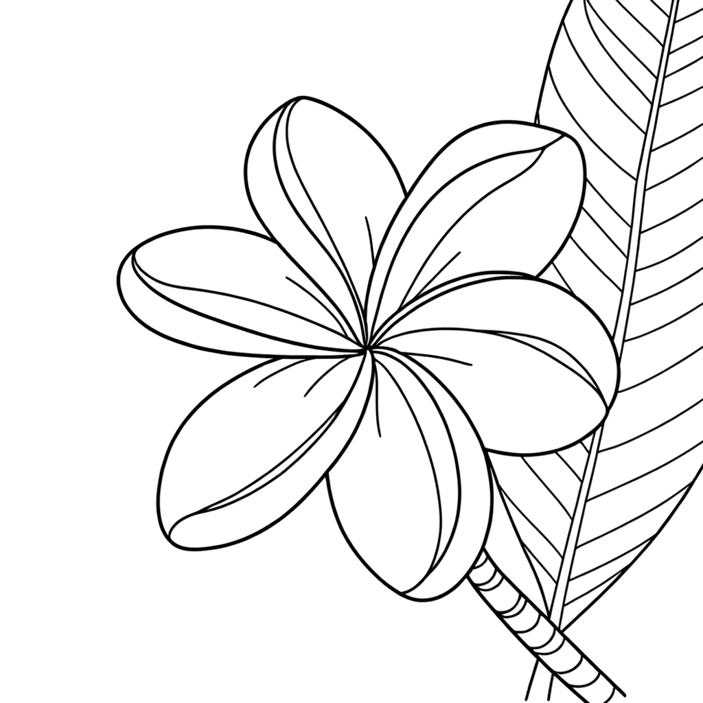 Plumeria tropical flower coloring page with detailed petals and fragrant bloom outline