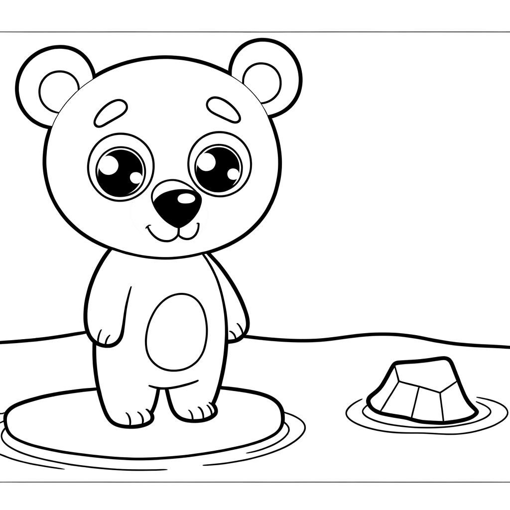 Coloring page illustration of a polar bear standing on an ice floe