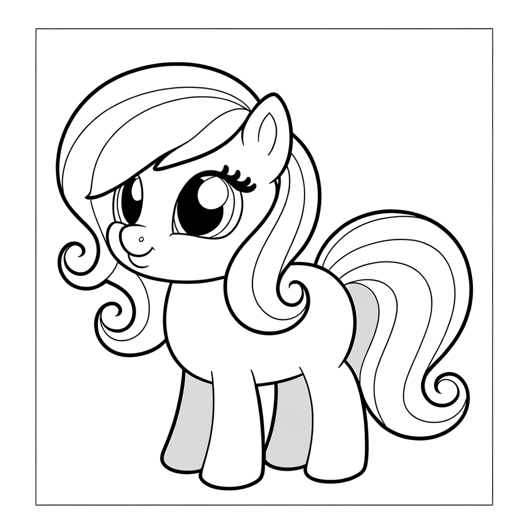 Coloring page of a pony with long flowing mane and tail