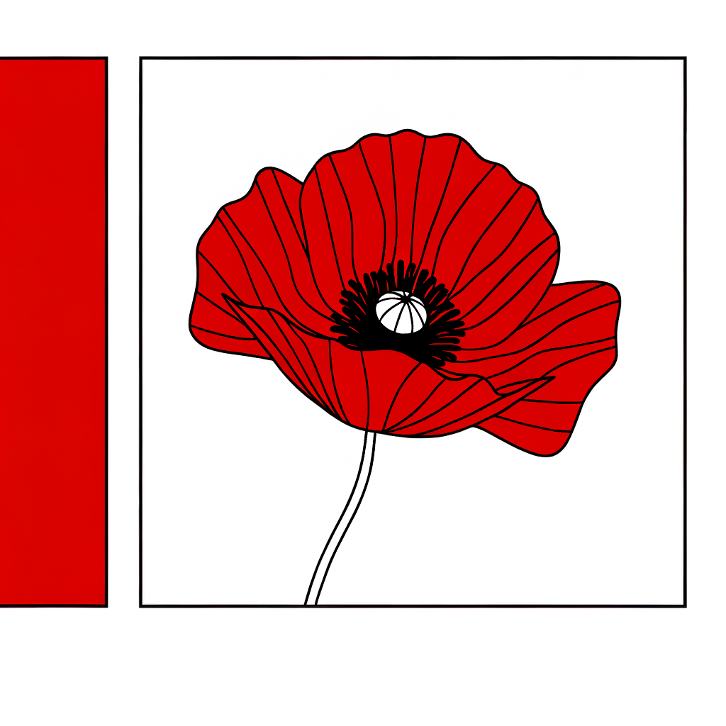Coloring page illustration of a poppy flower with large bright red petals and detailed line art