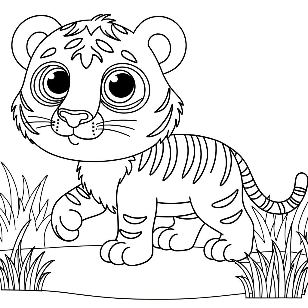 Coloring page of a powerful tiger walking through tall grass in natural habitat