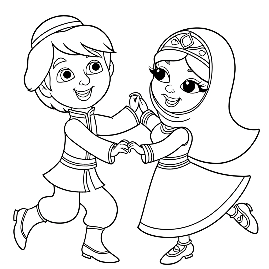 Coloring page illustration of a prince and princess dancing together in formal attire