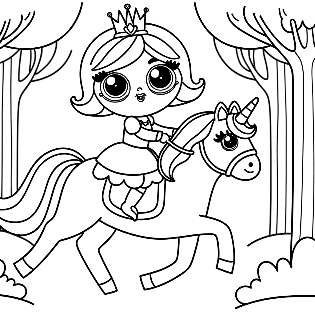Coloring page of princess riding unicorn through enchanted forest with magical trees