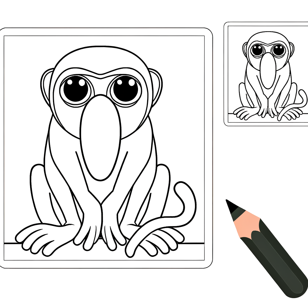 Proboscis monkey coloring page showing a primate with large distinctive nose