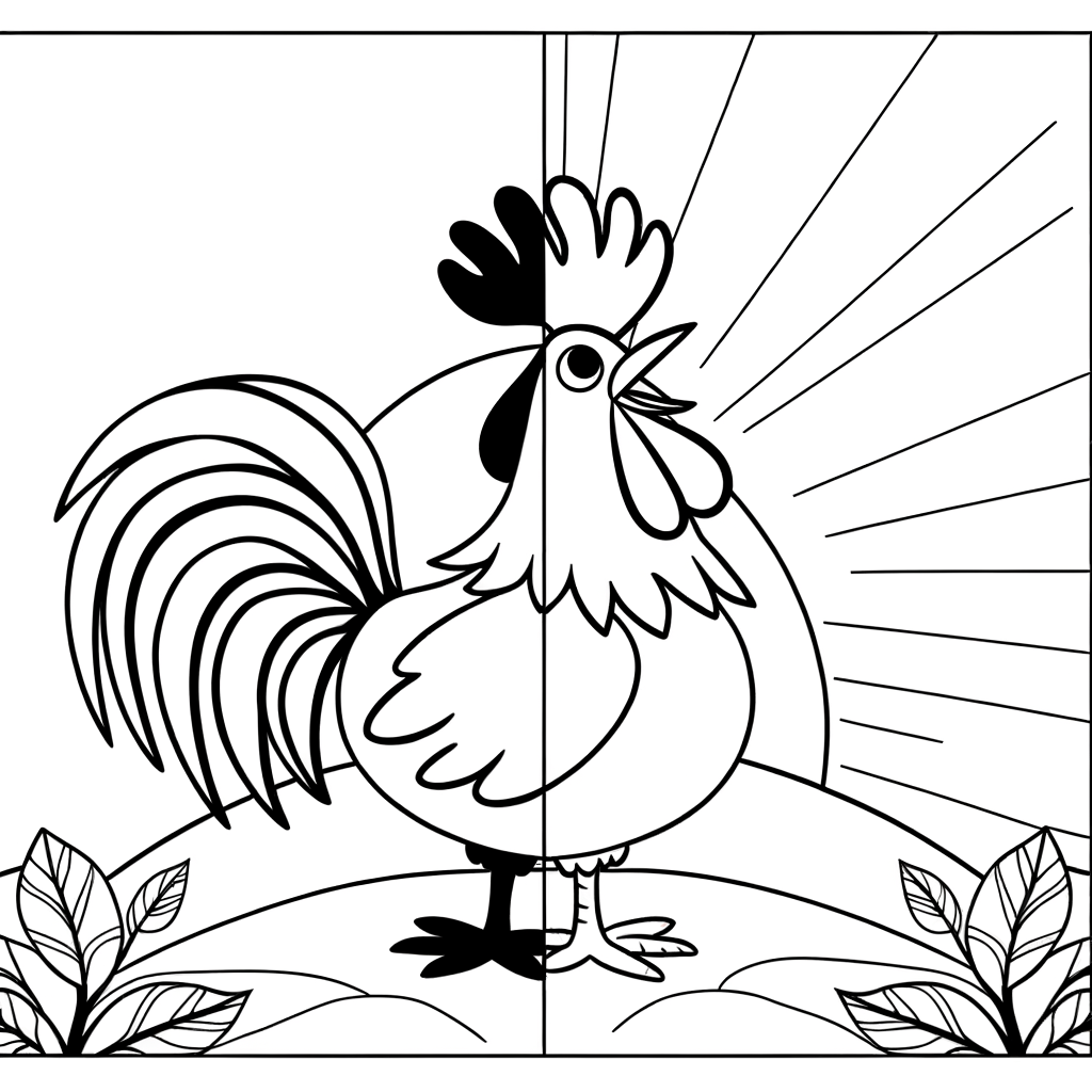Coloring page of a proud rooster with detailed feathers crowing at sunrise