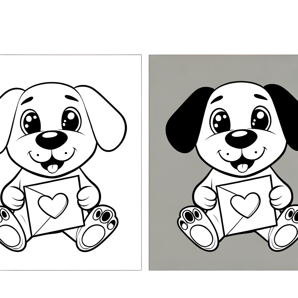 Coloring page of cute puppy holding Valentine's Day card in mouth