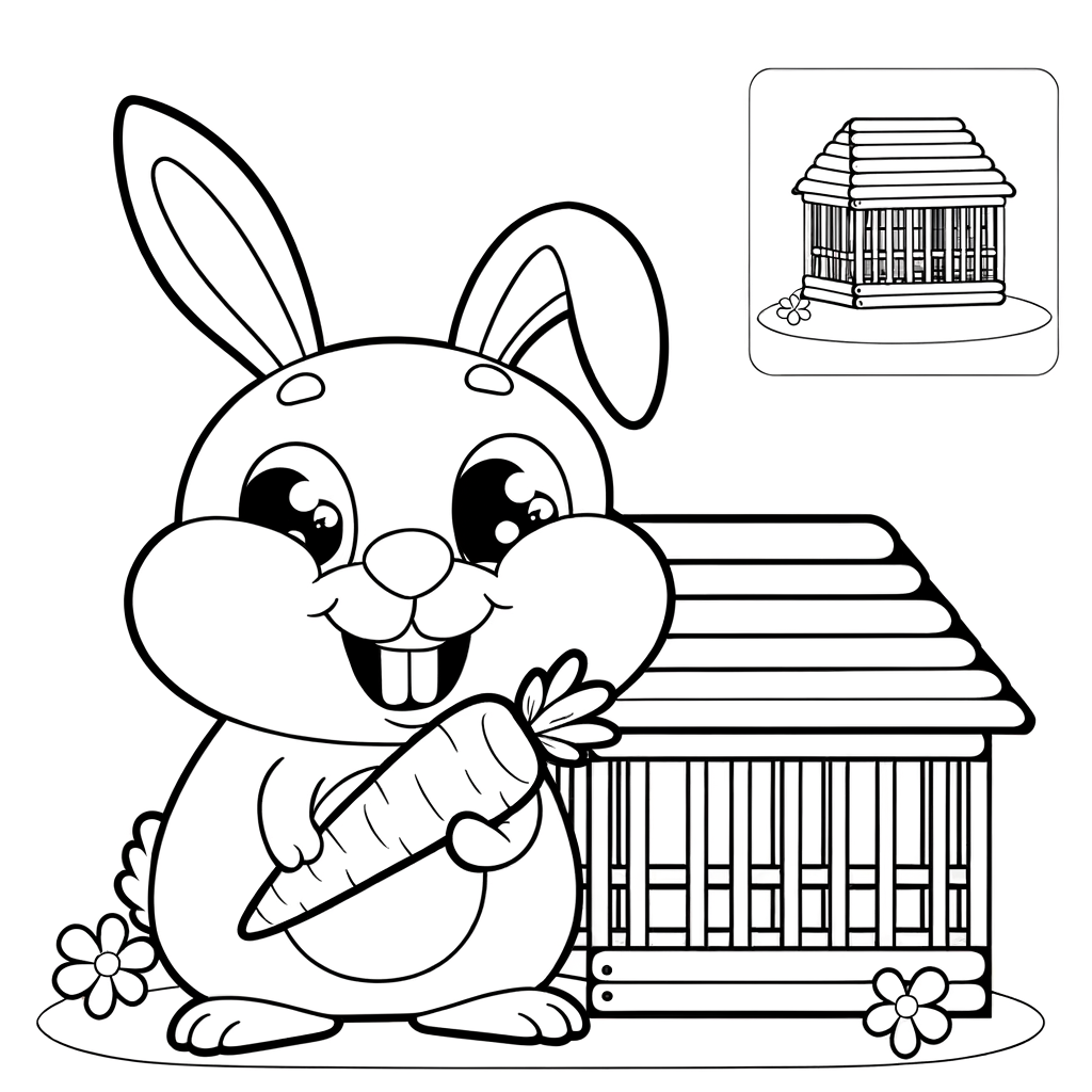 Coloring page showing a rabbit sitting in a wooden hutch eating a carrot