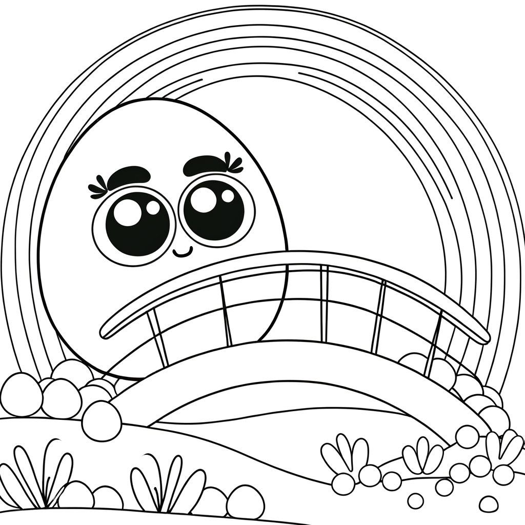 Coloring page showing a rainbow bridge connecting to Easter land with bunnies, Easter eggs, and spring flowers