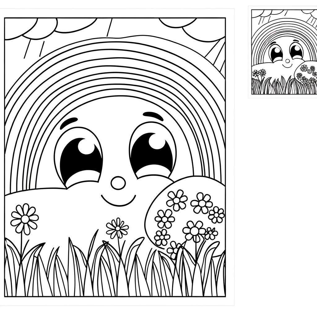Coloring page showing a rainbow over a spring meadow with flowers and grass