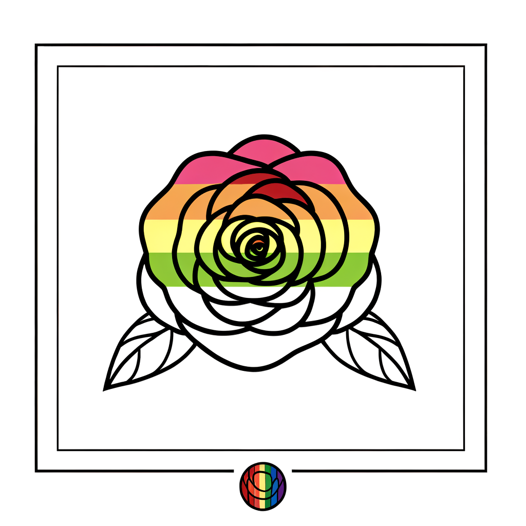 Rainbow rose coloring page with multicolored layered petals for printing